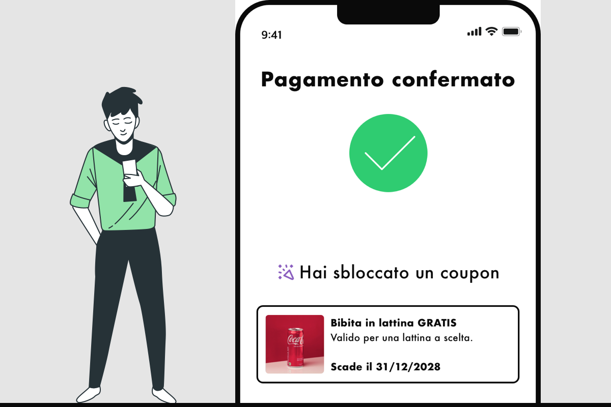 Illustrazione di un cliente che paga il conto tramite un dispositivo digitale.